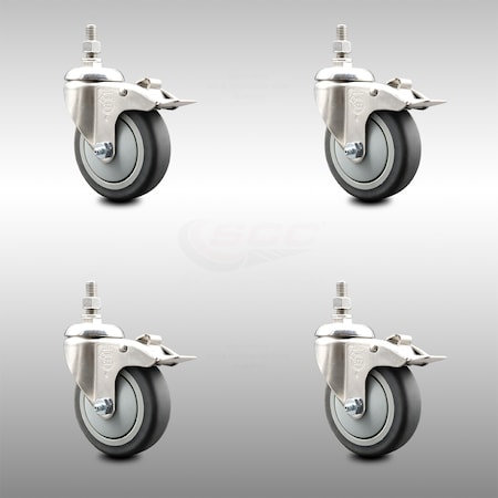 Service Caster 4 Inch 316SS Thermoplastic Rubber Swivel 1/2 Inch Stem Caster Set Lock Brake SCC SCC-SS316TSTTL20S414-TPRB-121315-4